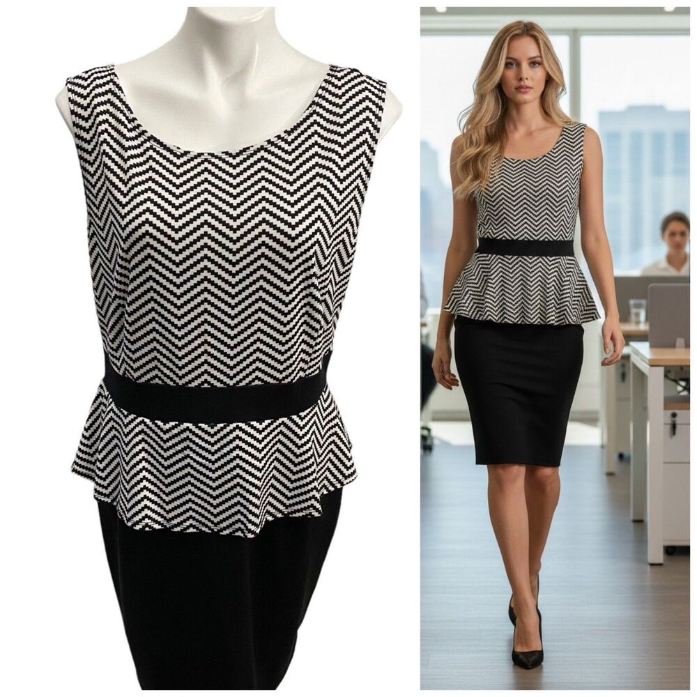 AA Studio Dress Womens Size 16 Peplum Knit Sleeveless Black White Chevron Church